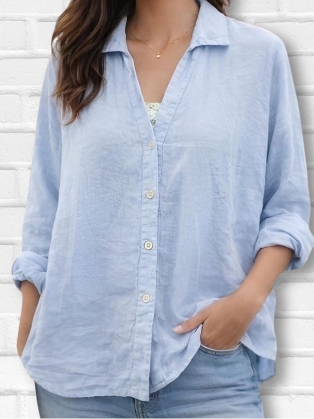 Sigrid Olsen LinenLlight Blue Button-up Shirt Size 1X Long Adjustable Sleeves